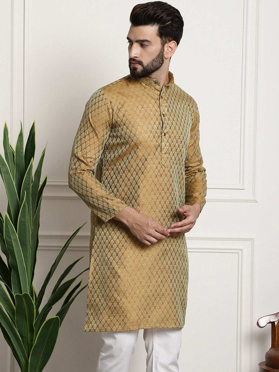 Men's Mustard Yellow Woven Design Silk Cotton Kurta – Mandarin Collar, Zari Detailing, Knee Length | Indiaista