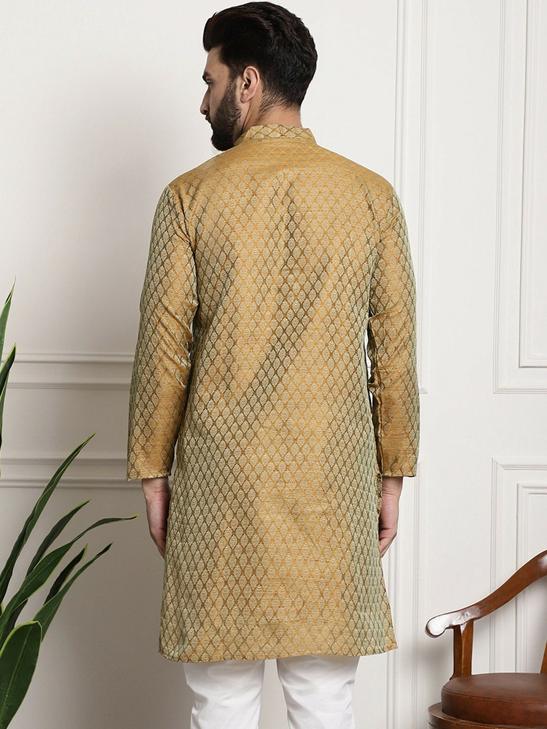 Men's Mustard Yellow Woven Design Silk Cotton Kurta – Mandarin Collar, Zari Detailing, Knee Length | Indiaista