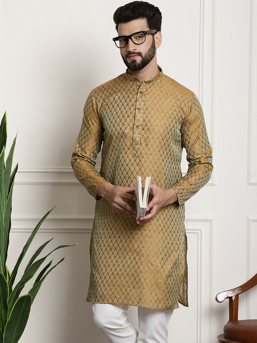 Men's Mustard Yellow Woven Design Silk Cotton Kurta – Mandarin Collar, Zari Detailing, Knee Length | Indiaista