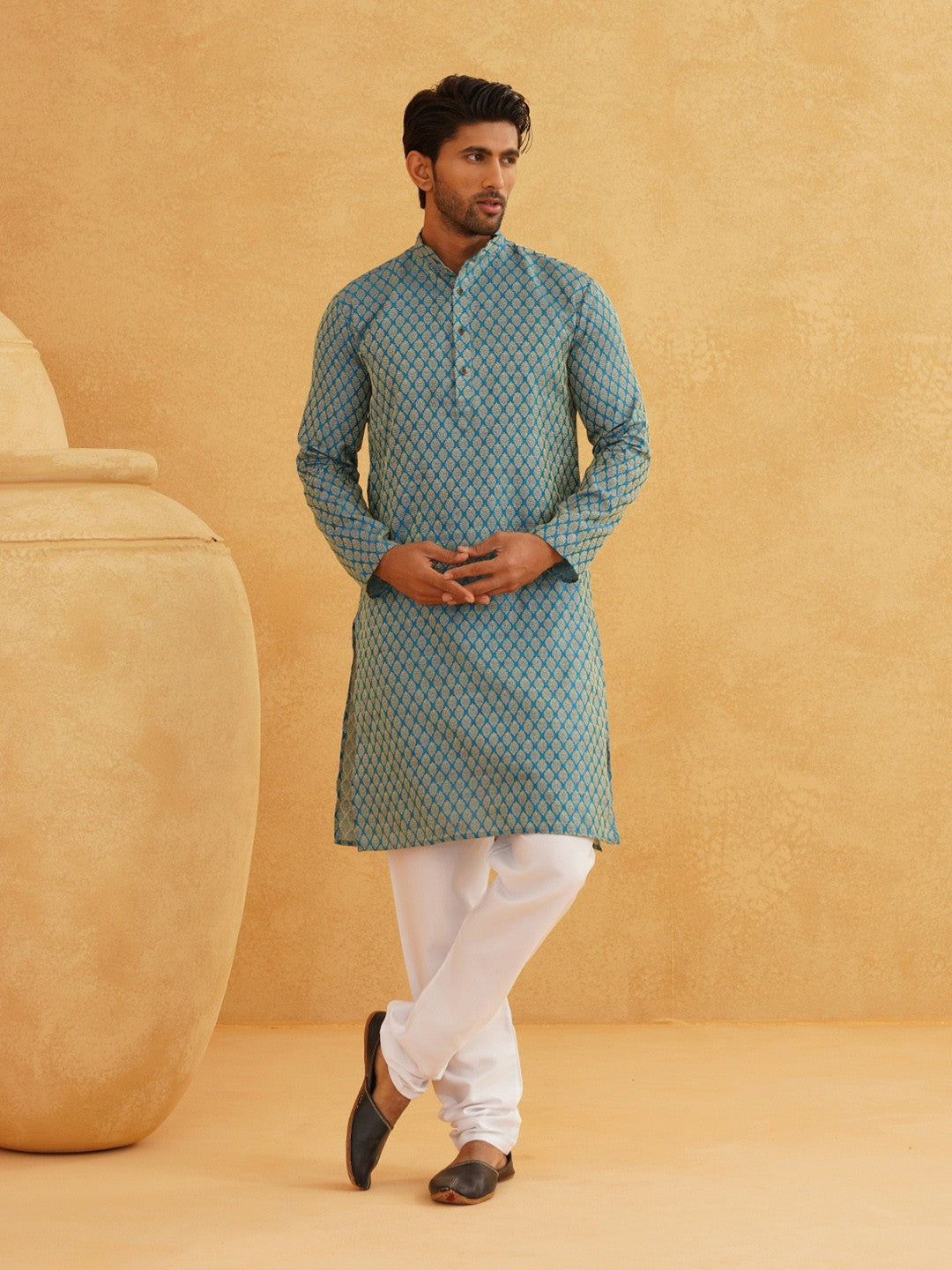 Men’s Blue & Gold-Toned Kurta with Ethnic Motifs – Mandarin Collar, Zari Work, Silk Fabric | Indiaista