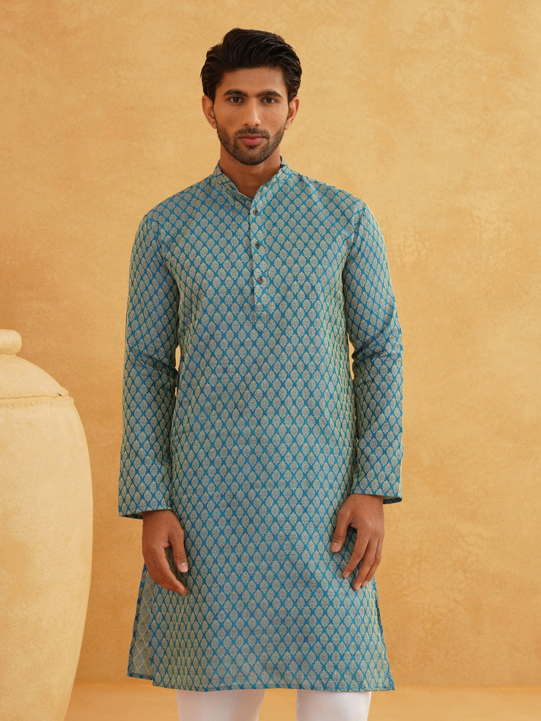 Men’s Blue & Gold-Toned Kurta with Ethnic Motifs – Mandarin Collar, Zari Work, Silk Fabric | Indiaista