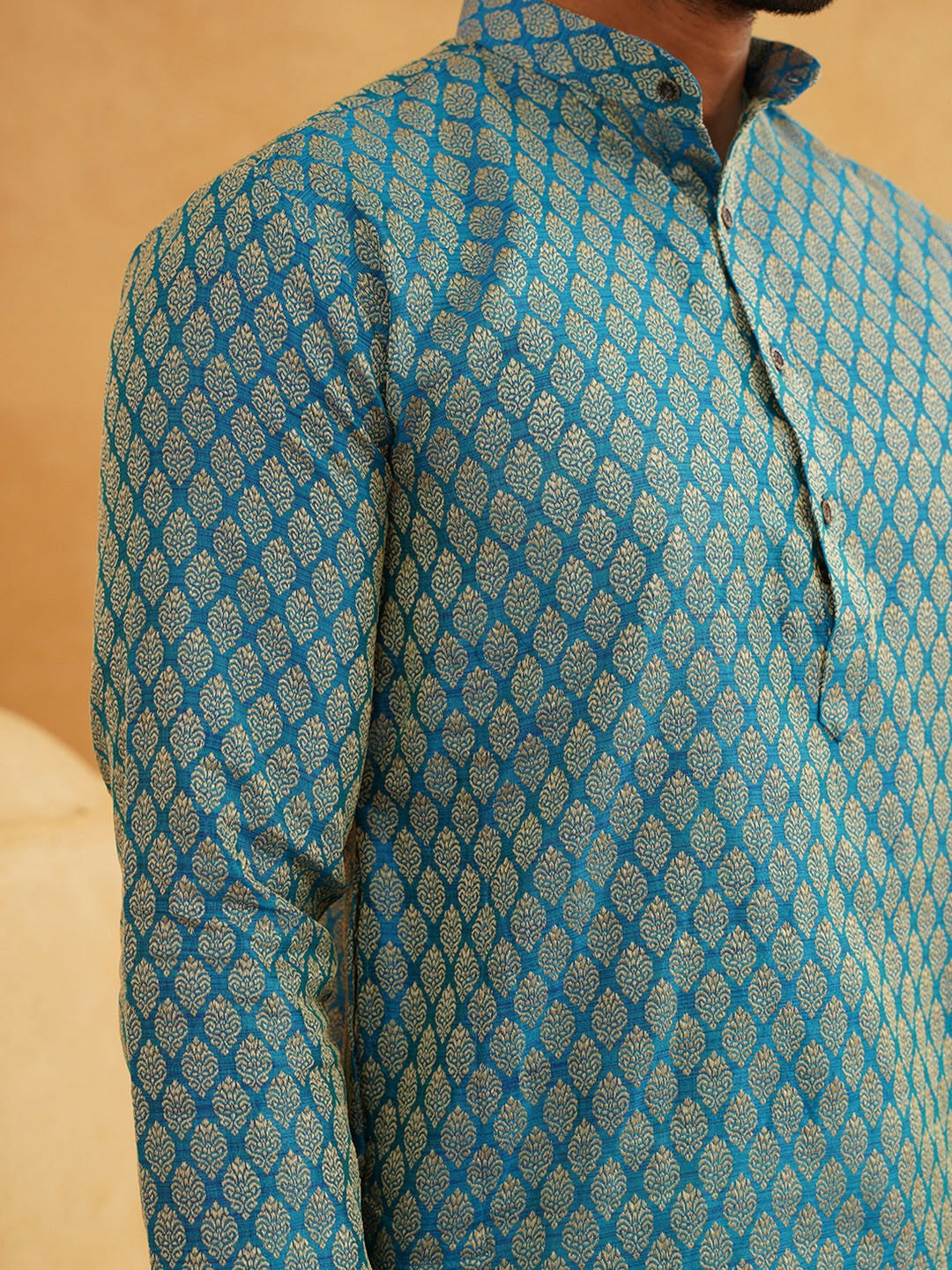 Men’s Blue & Gold-Toned Kurta with Ethnic Motifs – Mandarin Collar, Zari Work, Silk Fabric | Indiaista