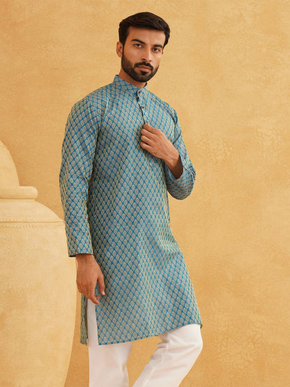 Men’s Blue & Gold-Toned Kurta with Ethnic Motifs – Mandarin Collar, Zari Work, Silk Fabric | Indiaista