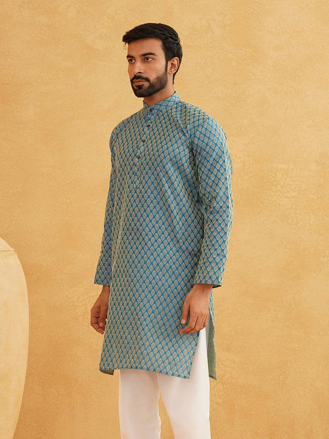 Men’s Blue & Gold-Toned Kurta with Ethnic Motifs – Mandarin Collar, Zari Work, Silk Fabric | Indiaista