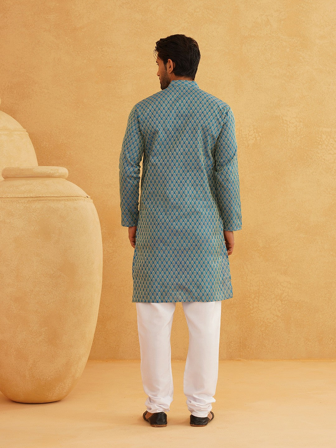 Men’s Blue & Gold-Toned Kurta with Ethnic Motifs – Mandarin Collar, Zari Work, Silk Fabric | Indiaista