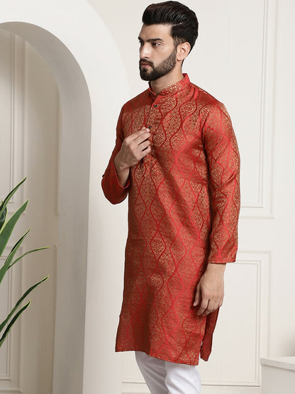 Men's Red & Golden Jacquard Silk Kurta – Ethnic Motifs, Mandarin Collar, Knee Length | Indiaista