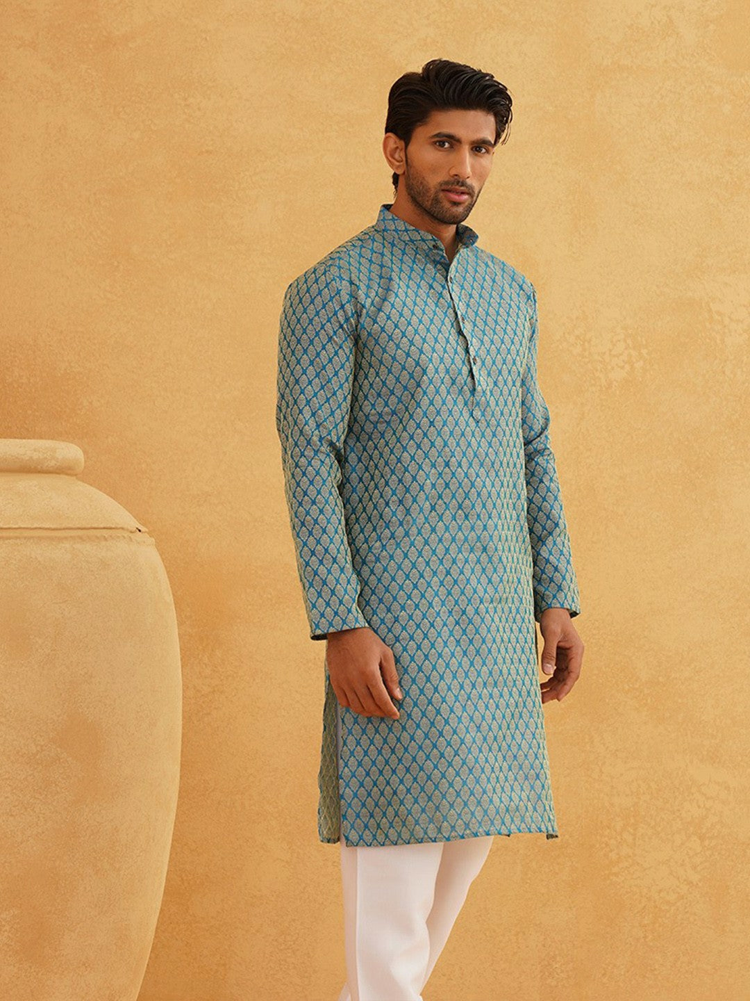 Men’s Blue & Gold-Toned Kurta with Ethnic Motifs – Mandarin Collar, Zari Work, Silk Fabric | Indiaista