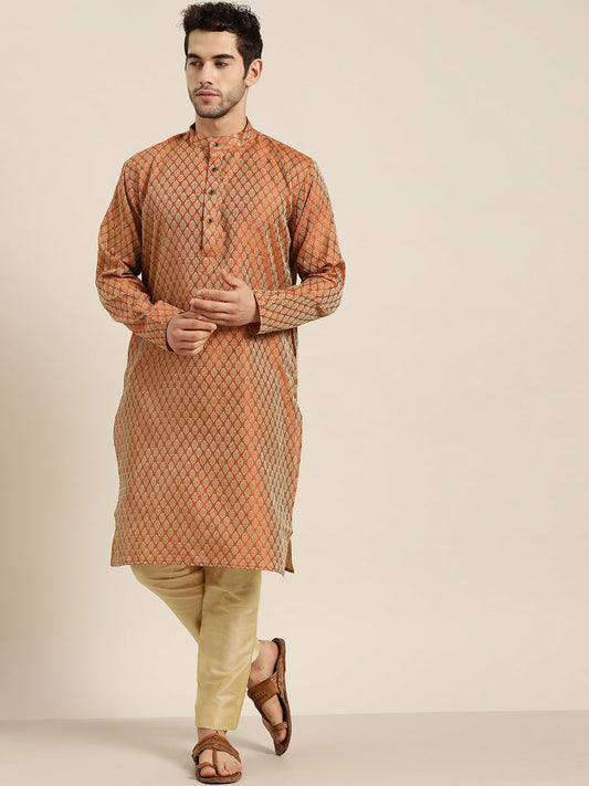 Men's Orange Woven Design Silk Cotton Kurta – Mandarin Collar, Zari Detail, Knee-Length | Indiaista