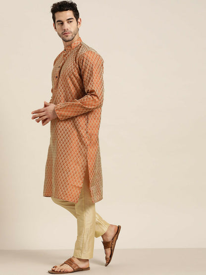 Men's Orange Woven Design Silk Cotton Kurta – Mandarin Collar, Zari Detail, Knee-Length | Indiaista