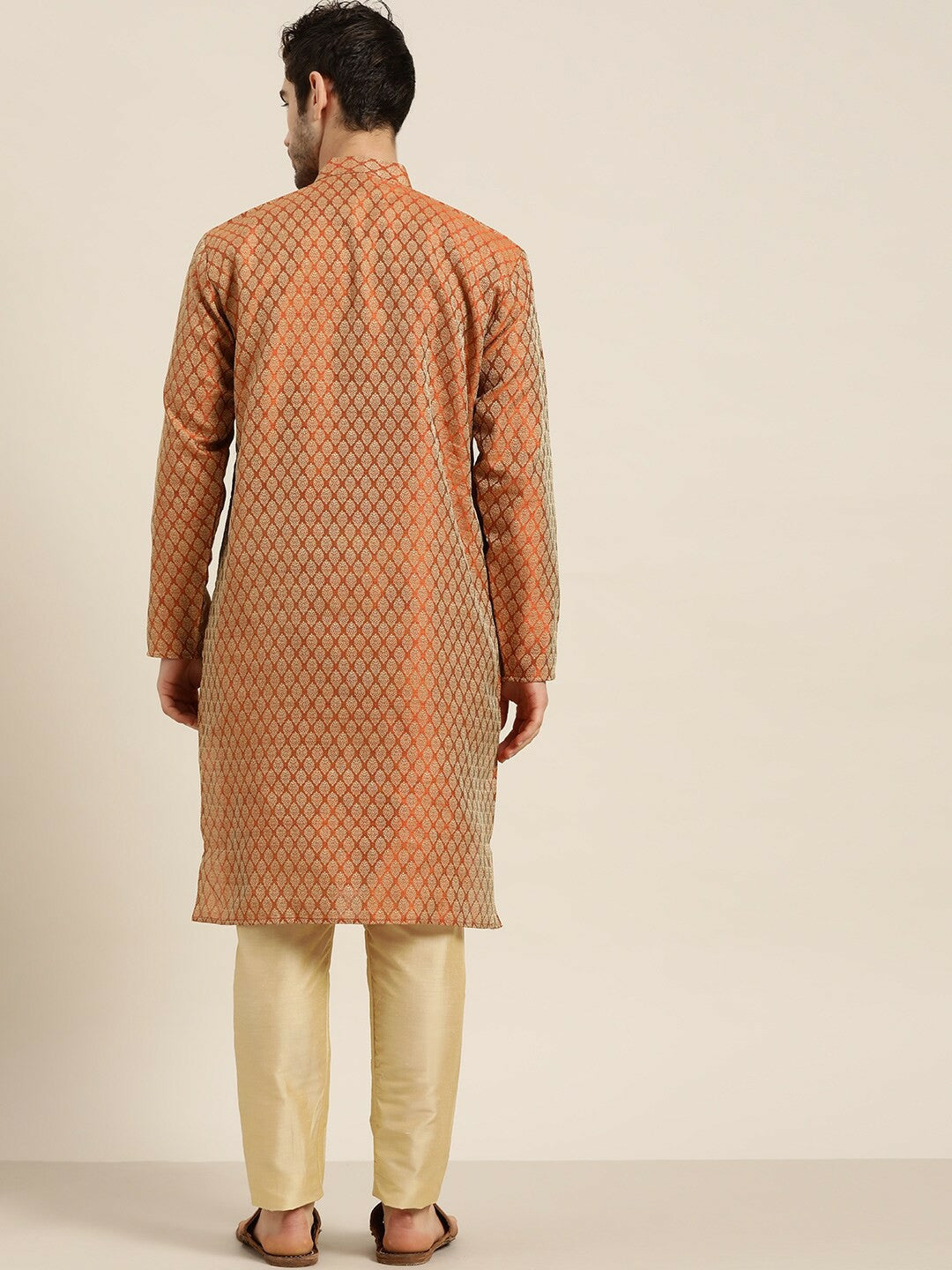 Men's Orange Woven Design Silk Cotton Kurta – Mandarin Collar, Zari Detail, Knee-Length | Indiaista