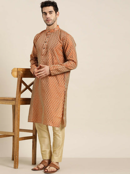 Men's Orange Woven Design Silk Cotton Kurta – Mandarin Collar, Zari Detail, Knee-Length | Indiaista