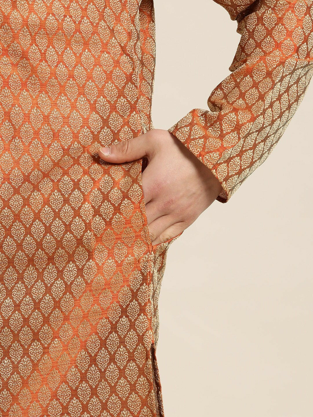 Men's Orange Woven Design Silk Cotton Kurta – Mandarin Collar, Zari Detail, Knee-Length | Indiaista