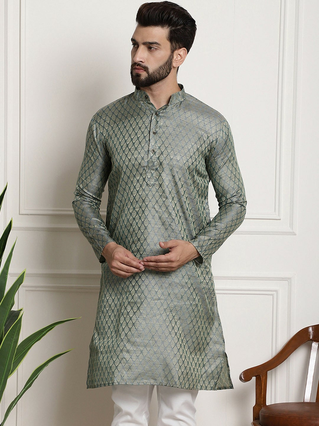 Teal Men’s Woven Design Silk Cotton Kurta – Mandarin Collar, Zari Detail, Knee Length | Indiaista