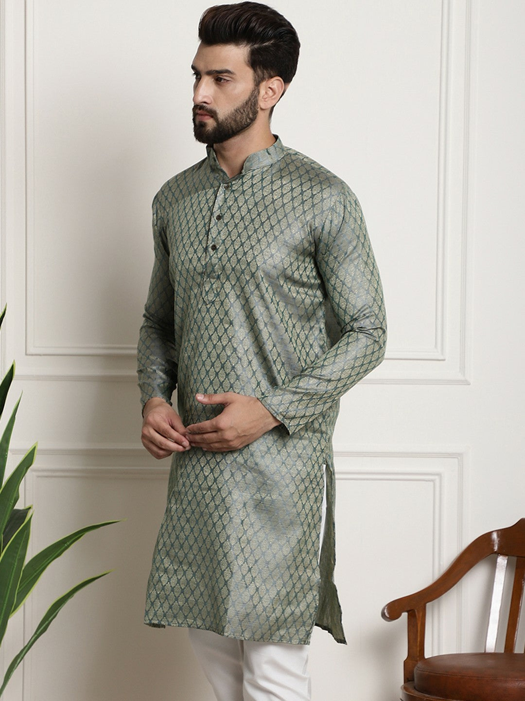 Teal Men’s Woven Design Silk Cotton Kurta – Mandarin Collar, Zari Detail, Knee Length | Indiaista