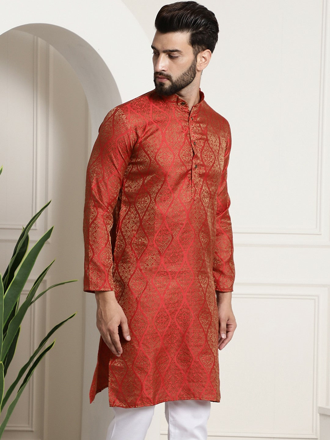 Men's Red & Golden Jacquard Silk Kurta – Ethnic Motifs, Mandarin Collar, Knee Length | Indiaista