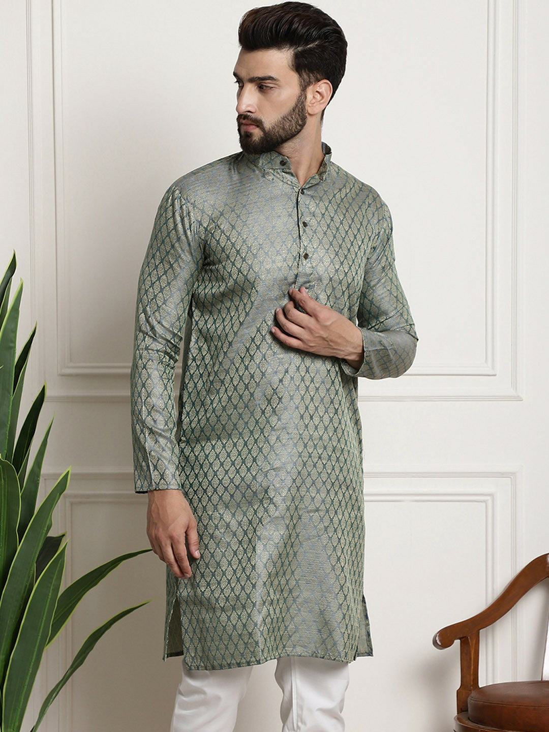 Teal Men’s Woven Design Silk Cotton Kurta – Mandarin Collar, Zari Detail, Knee Length | Indiaista