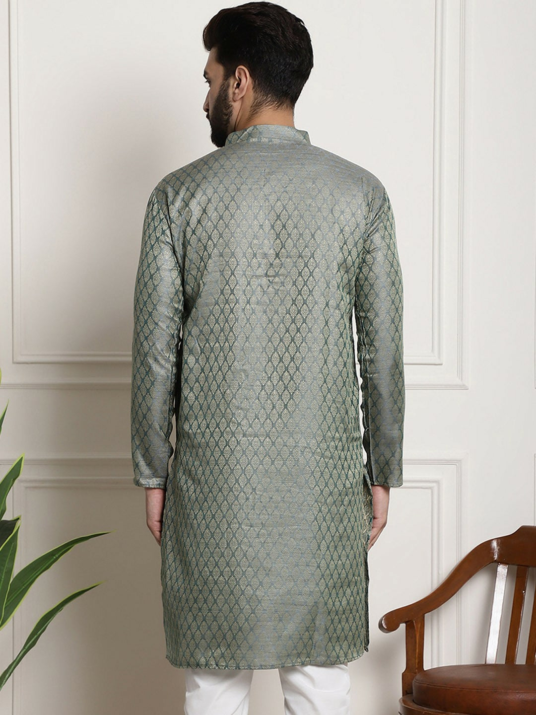 Teal Men’s Woven Design Silk Cotton Kurta – Mandarin Collar, Zari Detail, Knee Length | Indiaista