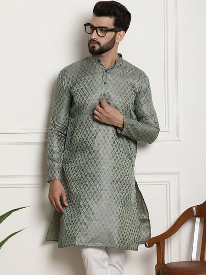 Teal Men’s Woven Design Silk Cotton Kurta – Mandarin Collar, Zari Detail, Knee Length | Indiaista