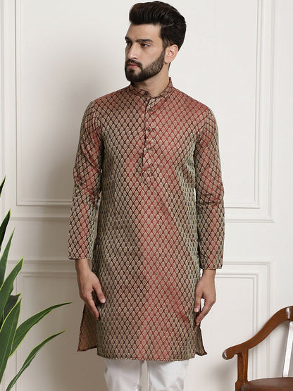 Men's Maroon Woven Design Silk Cotton Kurta with Zari Detail – Mandarin Collar, Regular Fit | Indiaista