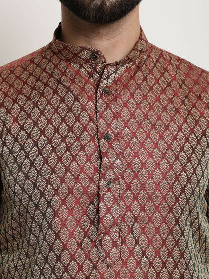 Men's Maroon Woven Design Silk Cotton Kurta with Zari Detail – Mandarin Collar, Regular Fit | Indiaista