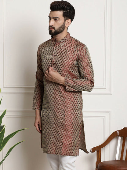 Men's Maroon Woven Design Silk Cotton Kurta with Zari Detail – Mandarin Collar, Regular Fit | Indiaista