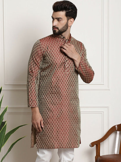 Men's Maroon Woven Design Silk Cotton Kurta with Zari Detail – Mandarin Collar, Regular Fit | Indiaista