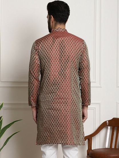 Men's Maroon Woven Design Silk Cotton Kurta with Zari Detail – Mandarin Collar, Regular Fit | Indiaista