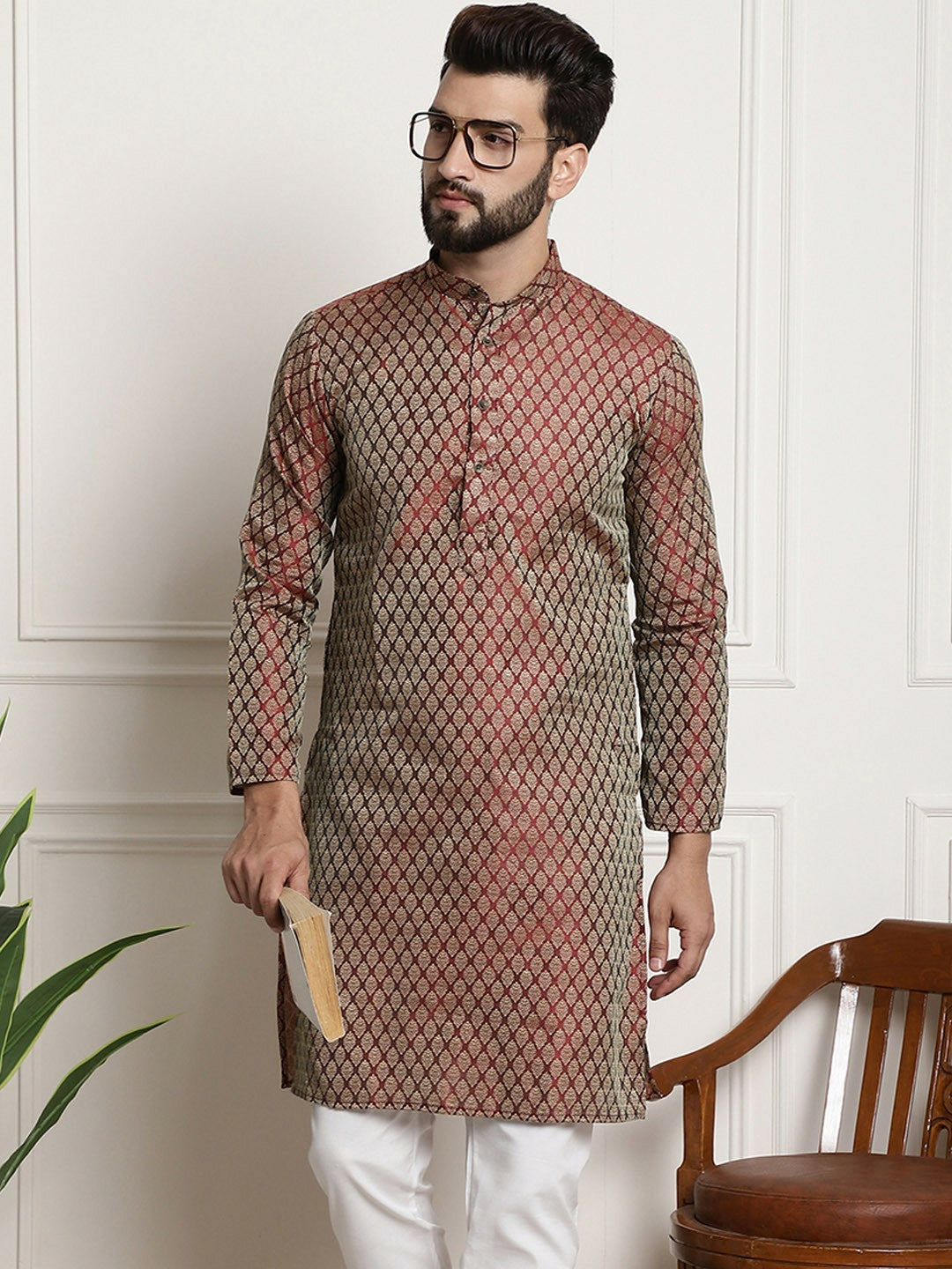 Men's Maroon Woven Design Silk Cotton Kurta with Zari Detail – Mandarin Collar, Regular Fit | Indiaista