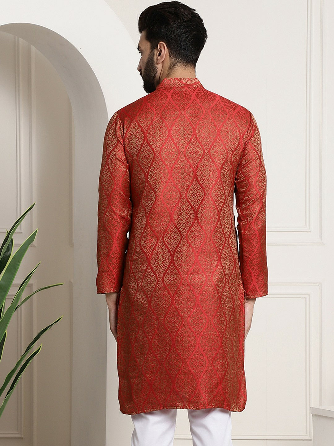 Men's Red & Golden Jacquard Silk Kurta – Ethnic Motifs, Mandarin Collar, Knee Length | Indiaista