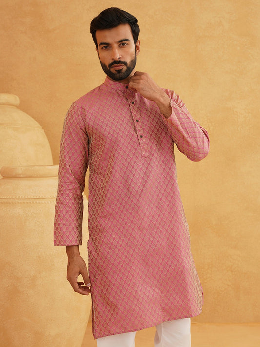 Men's Pink Woven Design Mandarin Collar Kurta – Zari Detail, Knee-Length, Silk Cotton | Indiaista