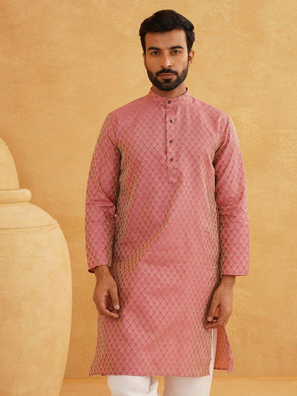 Men's Pink Woven Design Mandarin Collar Kurta – Zari Detail, Knee-Length, Silk Cotton | Indiaista