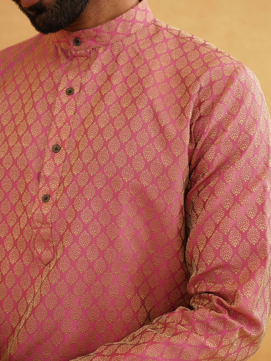 Men's Pink Woven Design Mandarin Collar Kurta – Zari Detail, Knee-Length, Silk Cotton | Indiaista