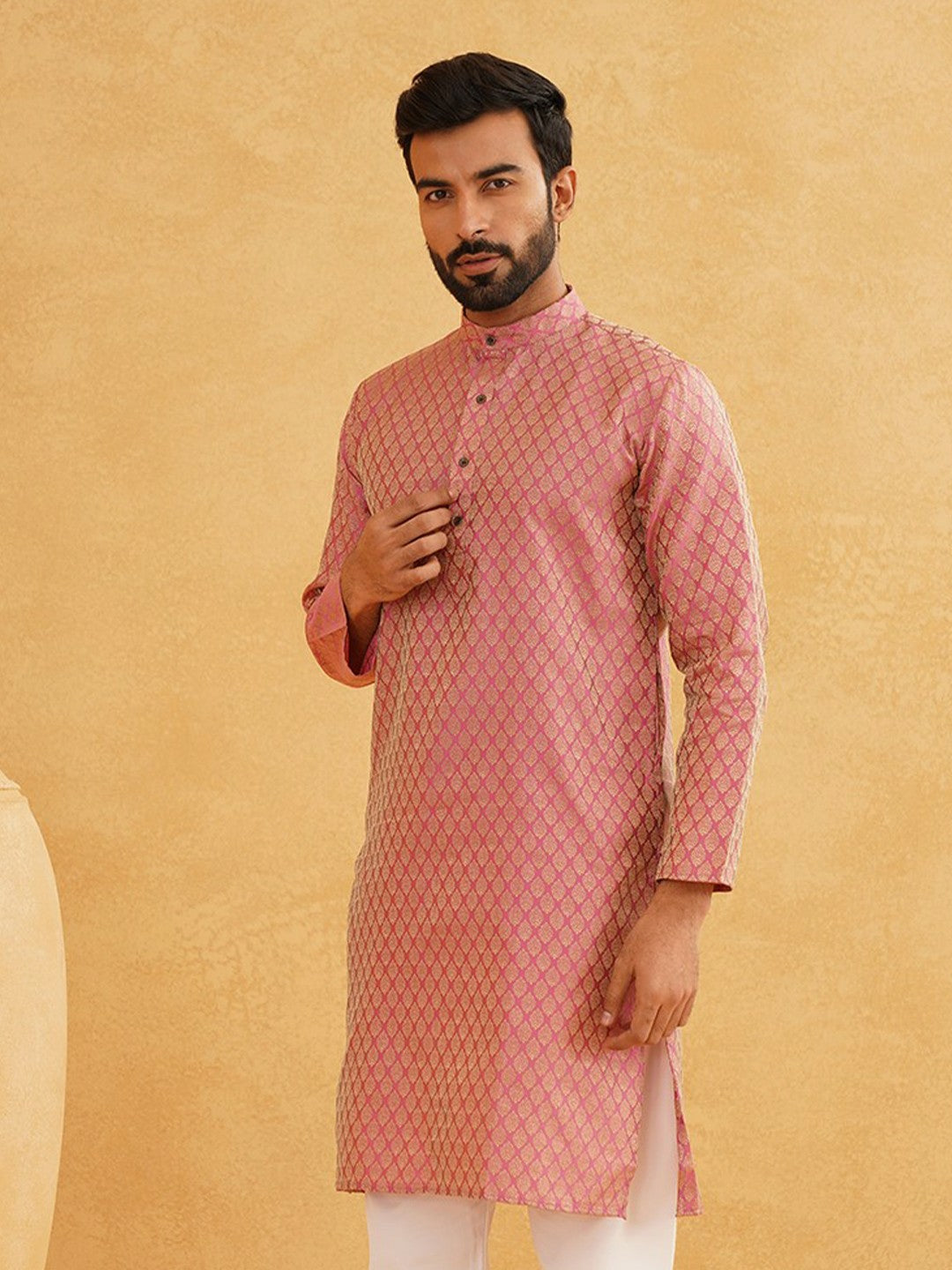 Men's Pink Woven Design Mandarin Collar Kurta – Zari Detail, Knee-Length, Silk Cotton | Indiaista