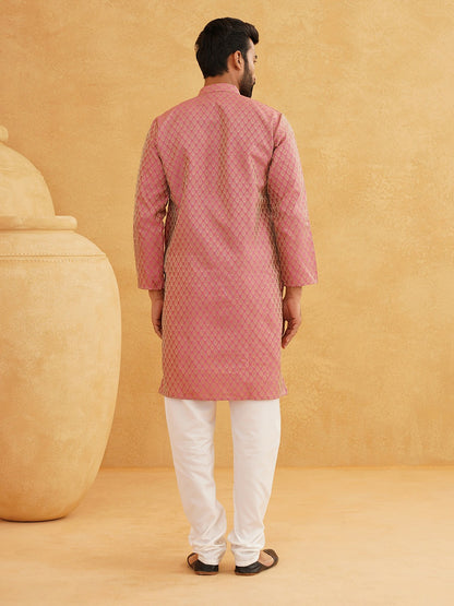 Men's Pink Woven Design Mandarin Collar Kurta – Zari Detail, Knee-Length, Silk Cotton | Indiaista