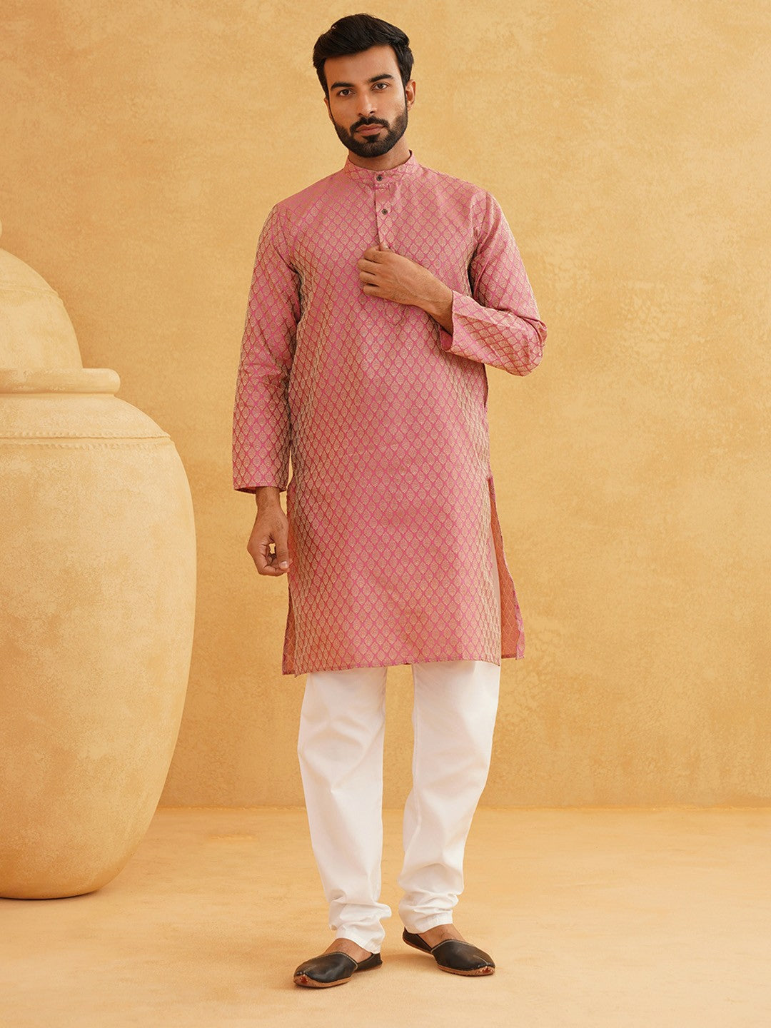 Men's Pink Woven Design Mandarin Collar Kurta – Zari Detail, Knee-Length, Silk Cotton | Indiaista