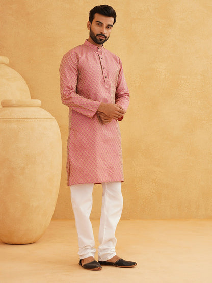 Men's Pink Woven Design Mandarin Collar Kurta – Zari Detail, Knee-Length, Silk Cotton | Indiaista