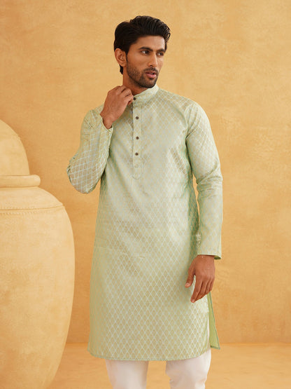 Men's Light Green Ethnic Jacquard Kurta with Ethnic Motifs – Mandarin Collar, Silk Fabric | Indiaista