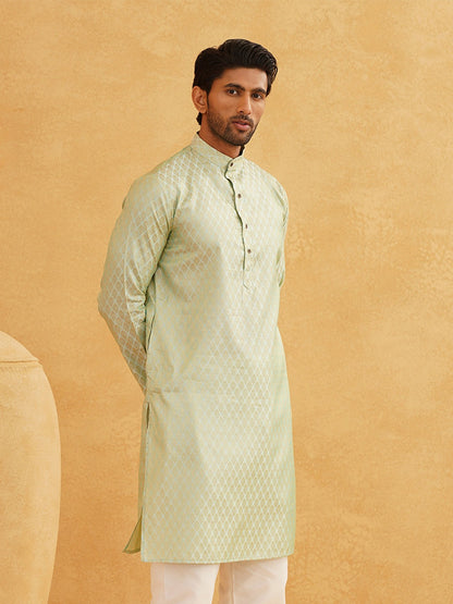 Men's Light Green Ethnic Jacquard Kurta with Ethnic Motifs – Mandarin Collar, Silk Fabric | Indiaista