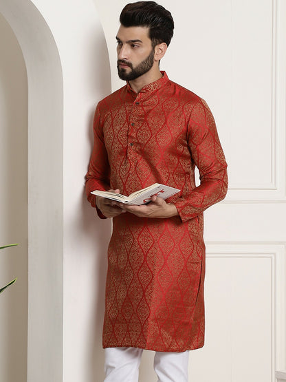 Men's Red & Golden Jacquard Silk Kurta – Ethnic Motifs, Mandarin Collar, Knee Length | Indiaista