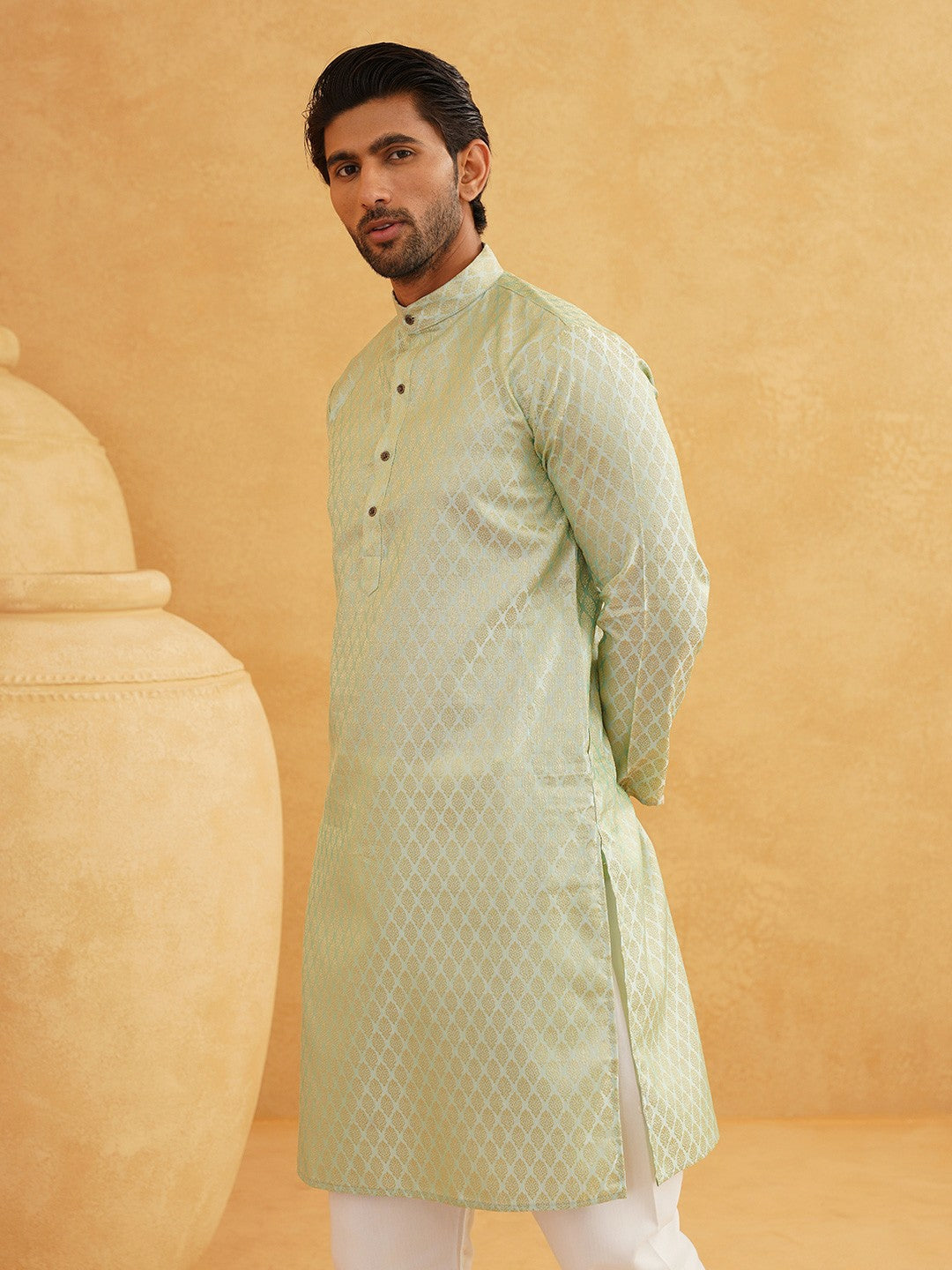 Men's Light Green Ethnic Jacquard Kurta with Ethnic Motifs – Mandarin Collar, Silk Fabric | Indiaista