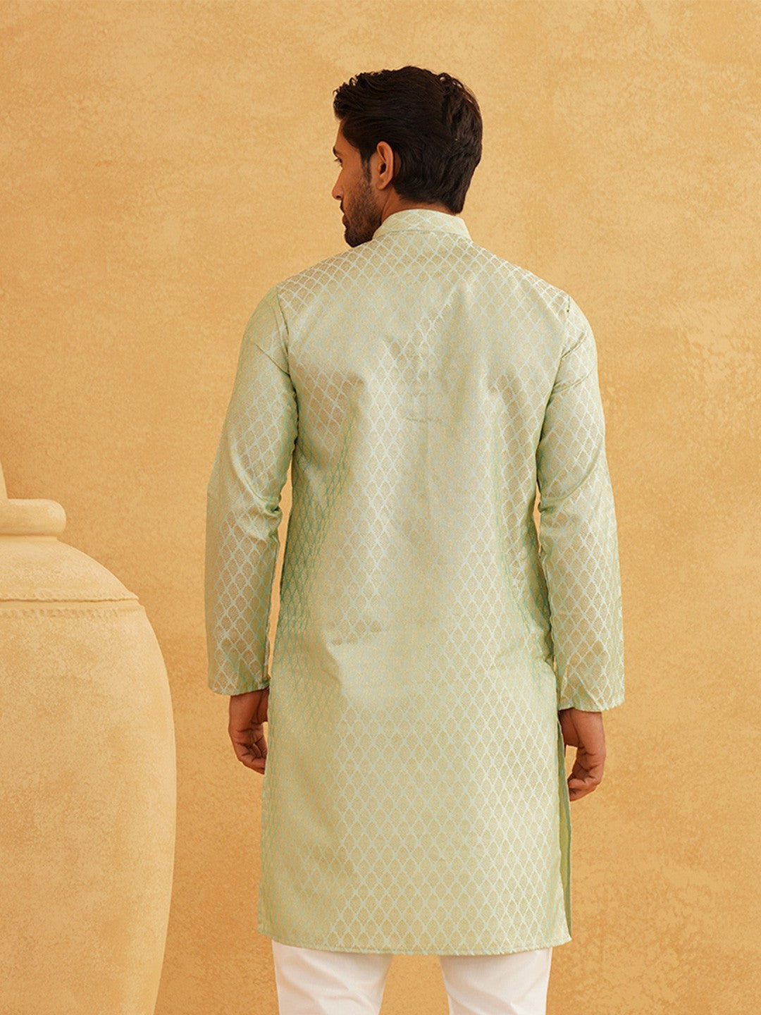 Men's Light Green Ethnic Jacquard Kurta with Ethnic Motifs – Mandarin Collar, Silk Fabric | Indiaista