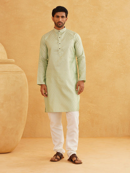 Men's Light Green Ethnic Jacquard Kurta with Ethnic Motifs – Mandarin Collar, Silk Fabric | Indiaista