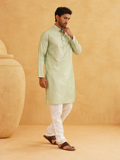 Men's Light Green Ethnic Jacquard Kurta with Ethnic Motifs – Mandarin Collar, Silk Fabric | Indiaista