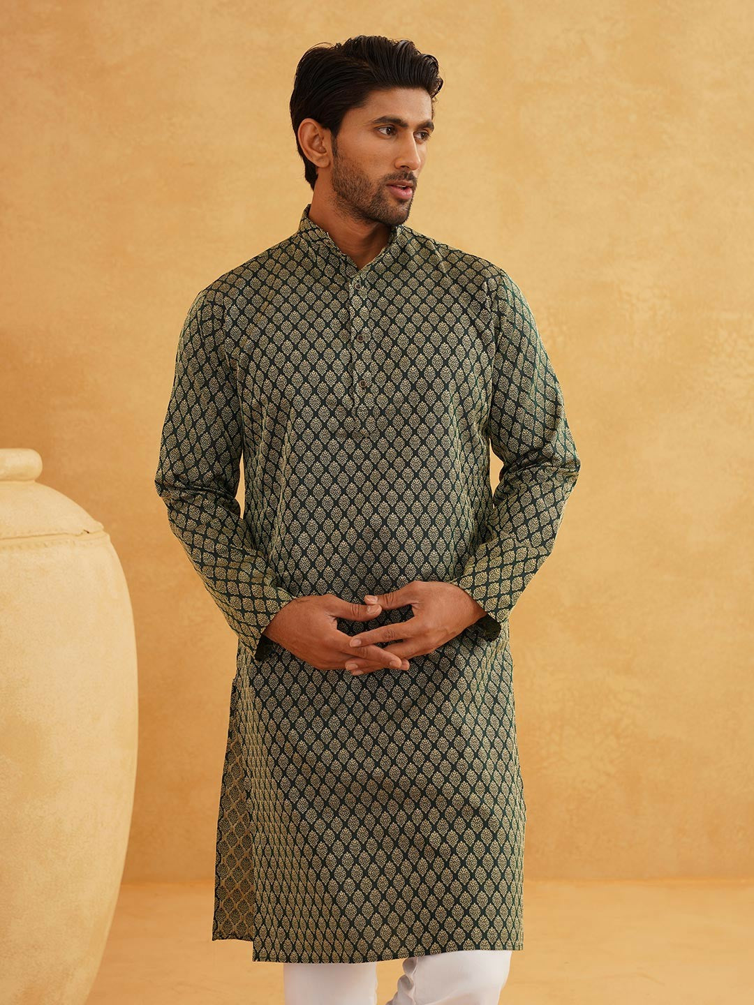 Men's Green & Gold-Toned Band Collar Kurta with Ethnic Motifs – Silk Woven Design | Indiaista