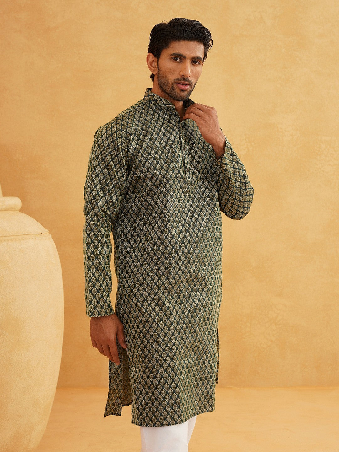 Men's Green & Gold-Toned Band Collar Kurta with Ethnic Motifs – Silk Woven Design | Indiaista