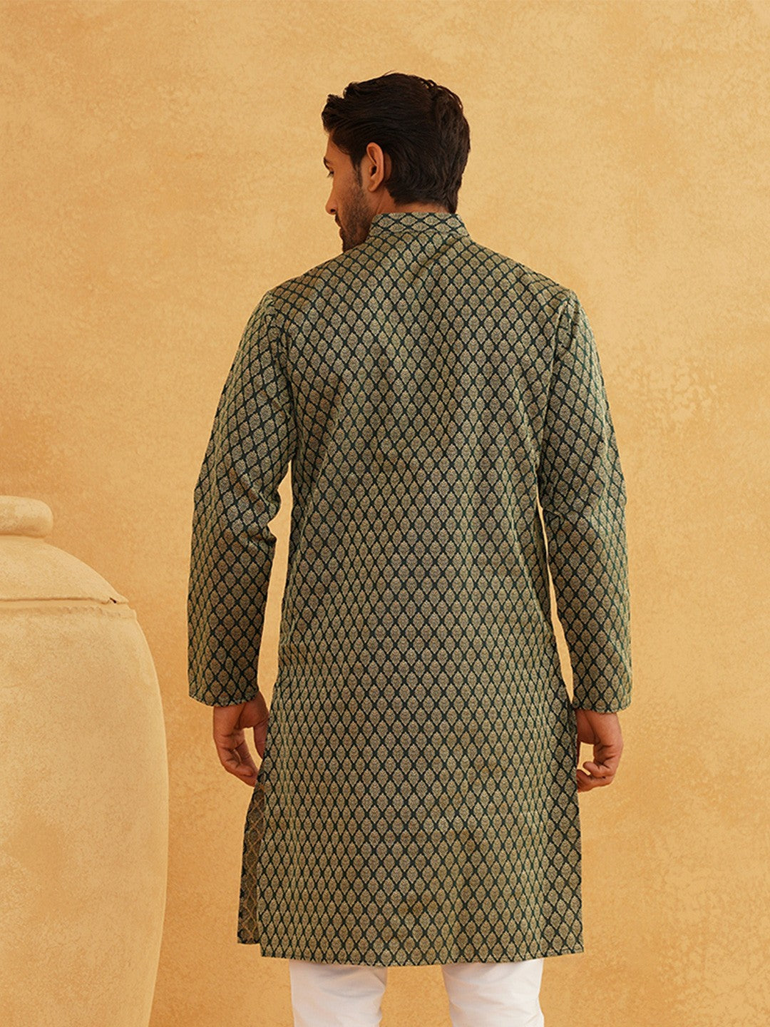 Men's Green & Gold-Toned Band Collar Kurta with Ethnic Motifs – Silk Woven Design | Indiaista