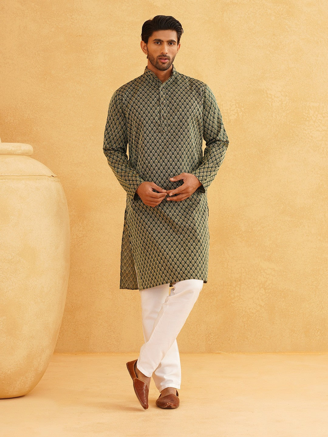 Men's Green & Gold-Toned Band Collar Kurta with Ethnic Motifs – Silk Woven Design | Indiaista