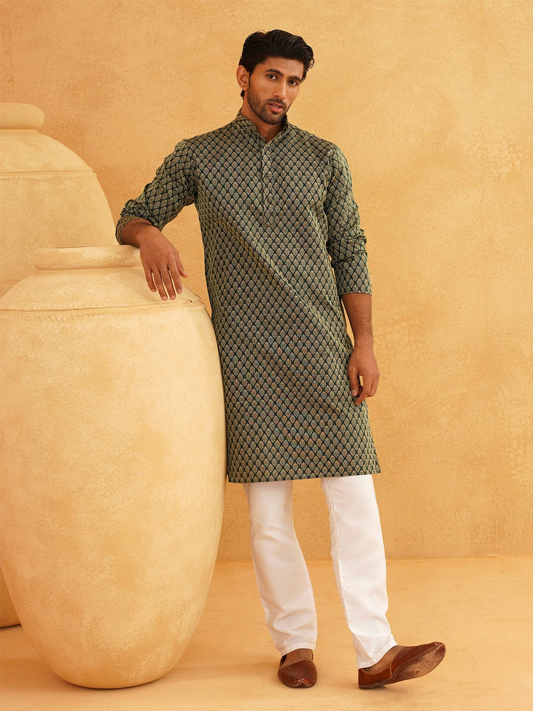 Men's Green & Gold-Toned Band Collar Kurta with Ethnic Motifs – Silk Woven Design | Indiaista