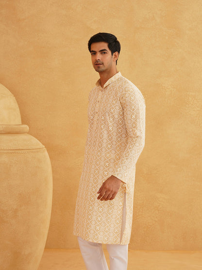 Men's Beige Band Collar Cotton Kurta with Ethnic Motifs & Embroidered Thread Work | Indiaista