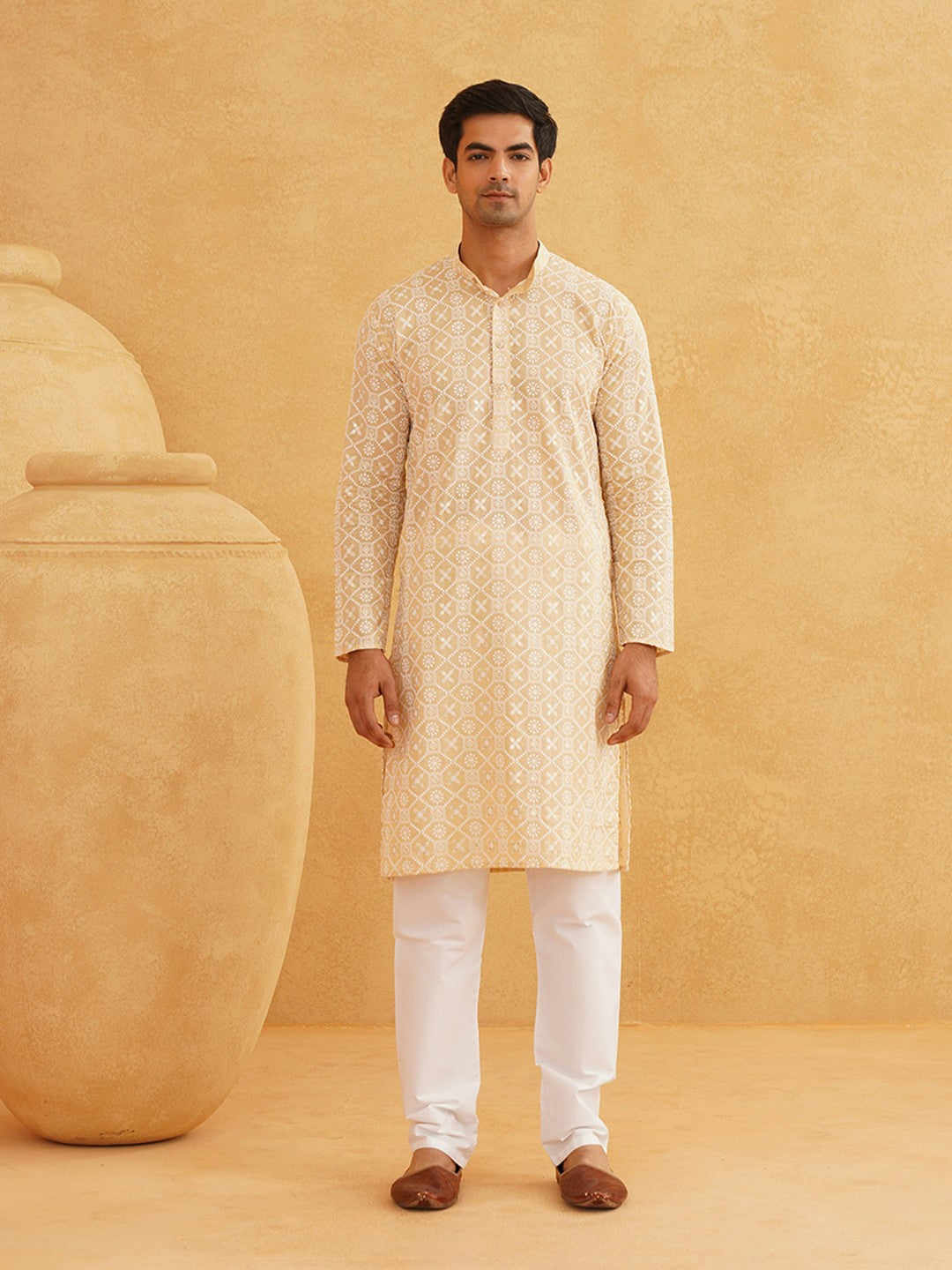 Men's Beige Band Collar Cotton Kurta with Ethnic Motifs & Embroidered Thread Work | Indiaista